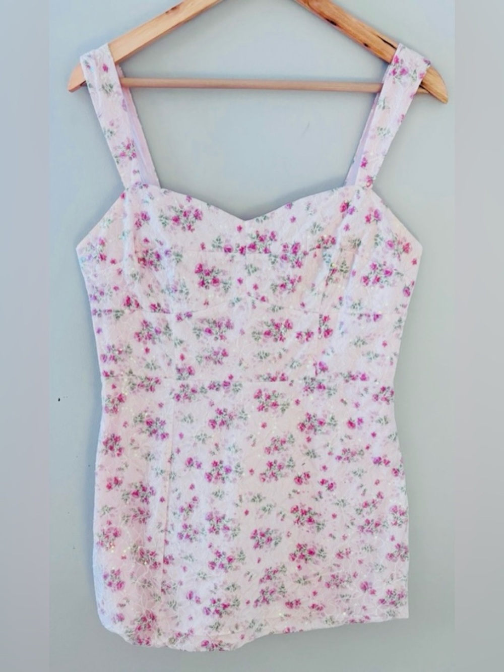 Pink Floral Mini Dress Ruffle Strap Fit & Flare Cottagecore Size Medium